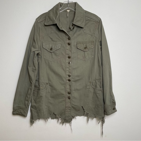 FREE PEOPLE Moonchild Army Military Destroyed Hem Shirt Oversized Jacket Shacket - Picture 1 of 10